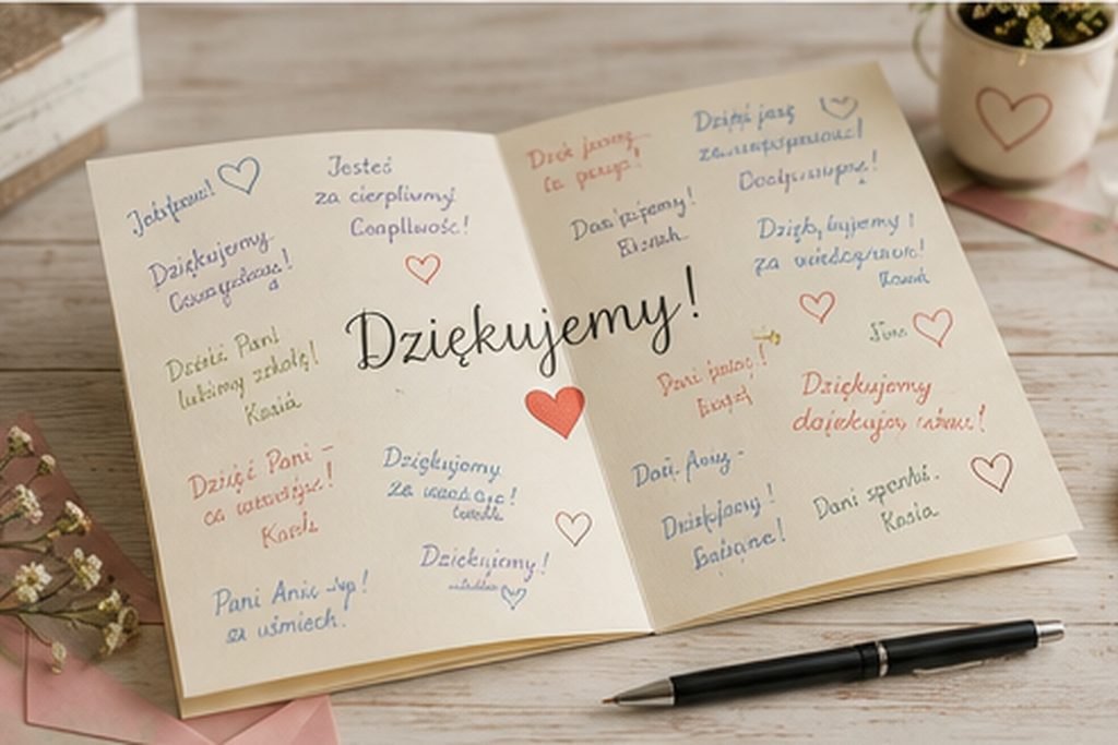 Kartka z podziękowaniem i podpisami uczniów