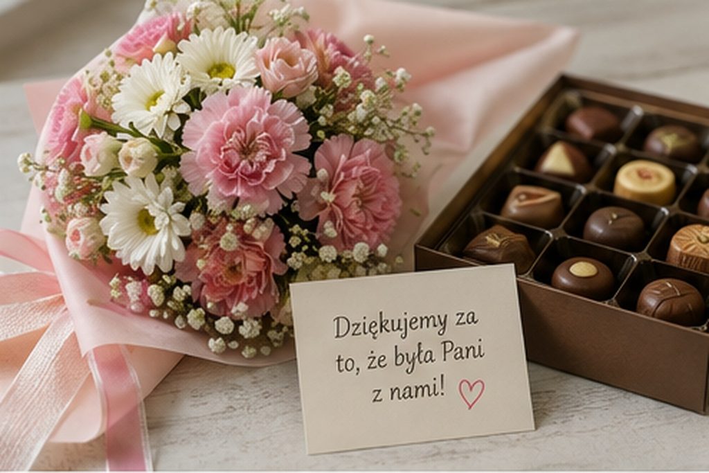 Kwiaty i niewielkie czekoladki z kartką dla nauczyciela