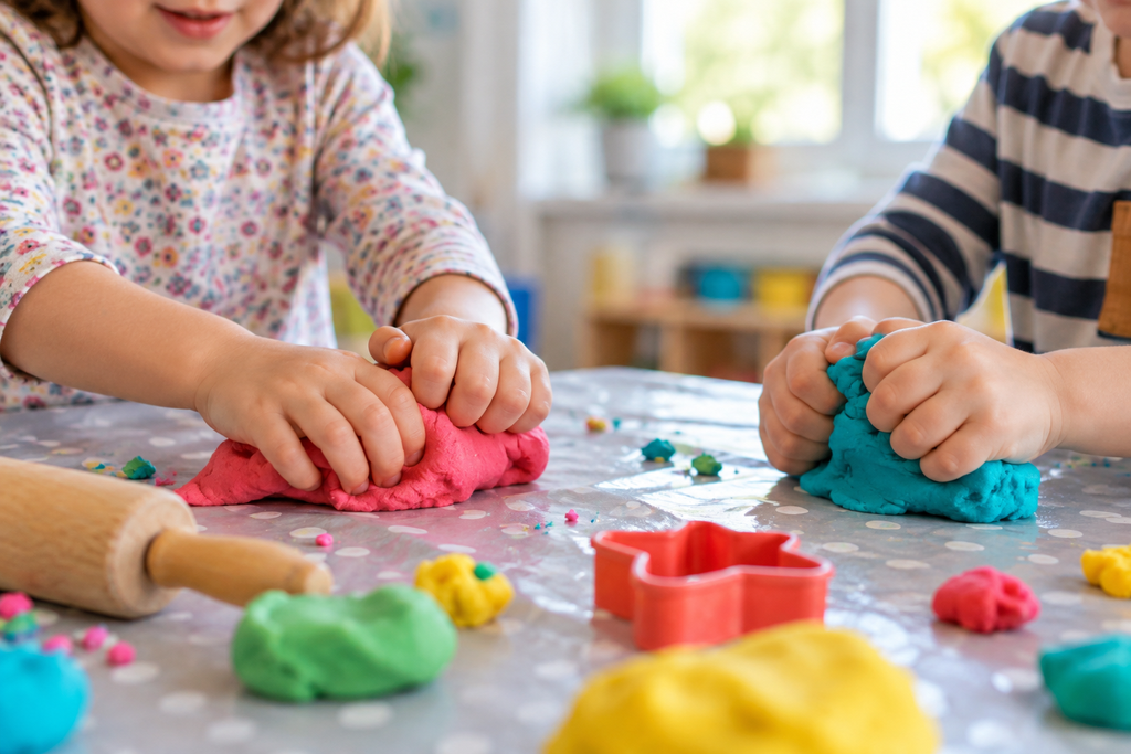 dzieci ugniatają kolorową masę plastyczną przy stole