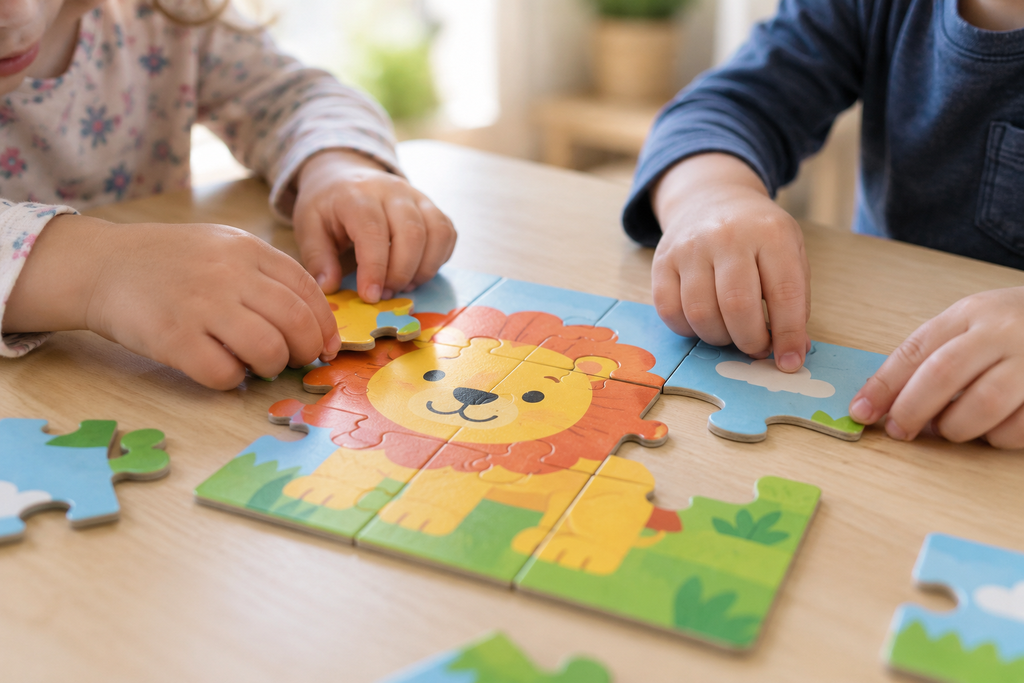 Dzieci układają proste puzzle z kolorowym lwem