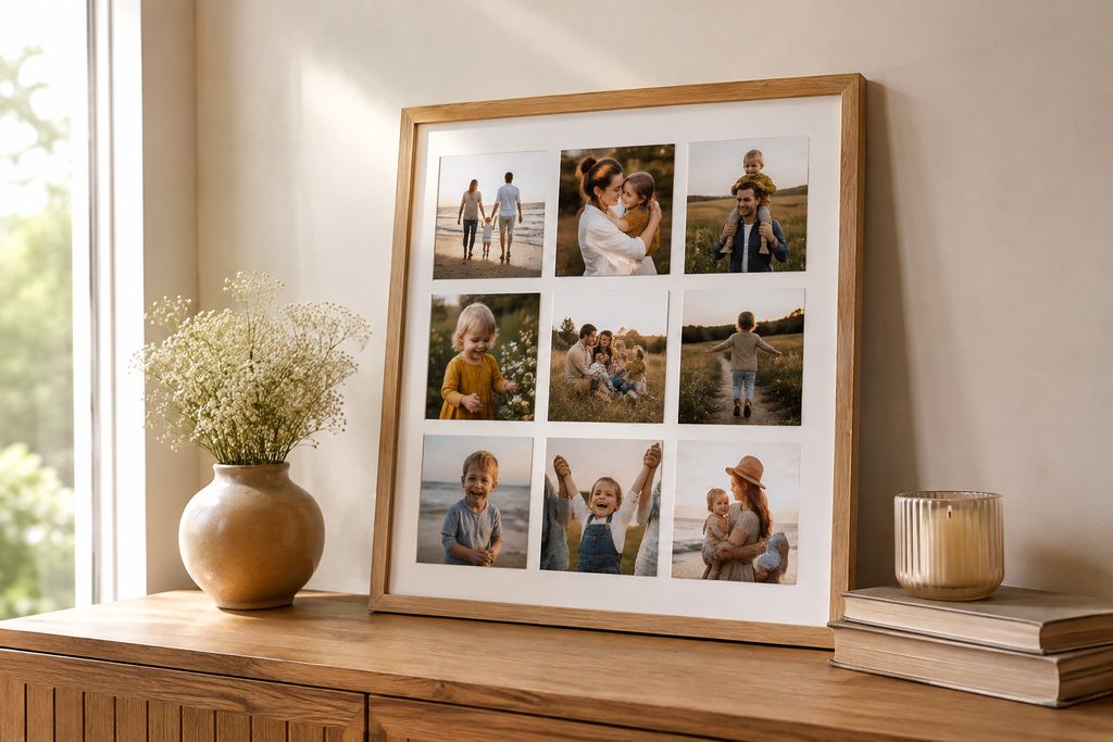 Uporządkowany kolaż rodzinnych fotografii przygotowany jako plakat