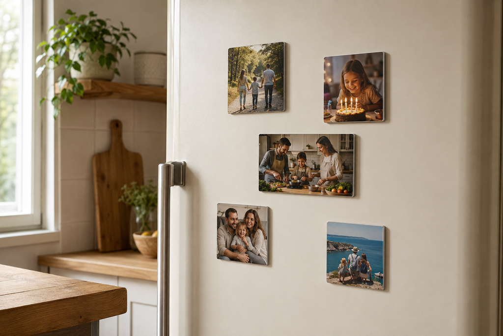 Zestaw małych magnesów z rodzinnymi fotografiami na lodówce